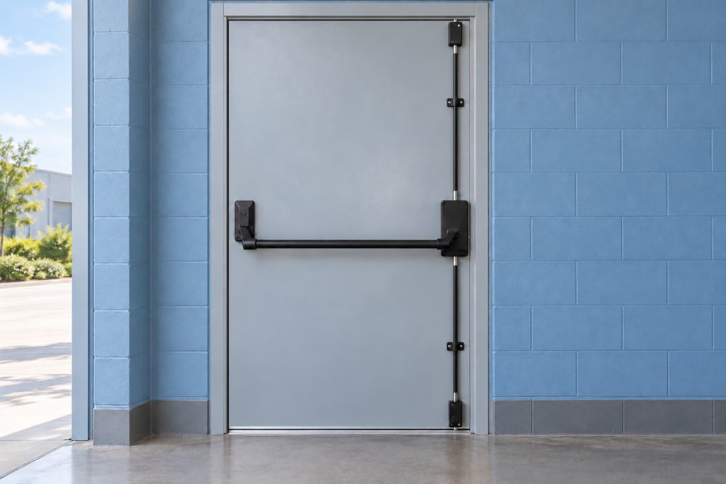 Exterior-heavy-duty-black-3-point-locking-touch-bar-push-lever-outside-trim-emergency-exit-door